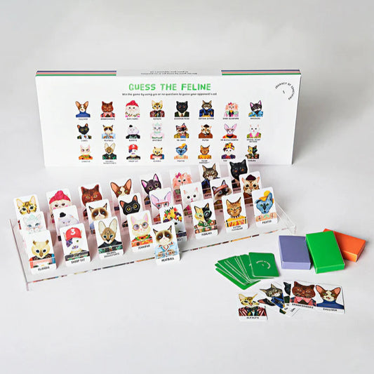 Guess the Feline game set with cards and stickers on a white background
