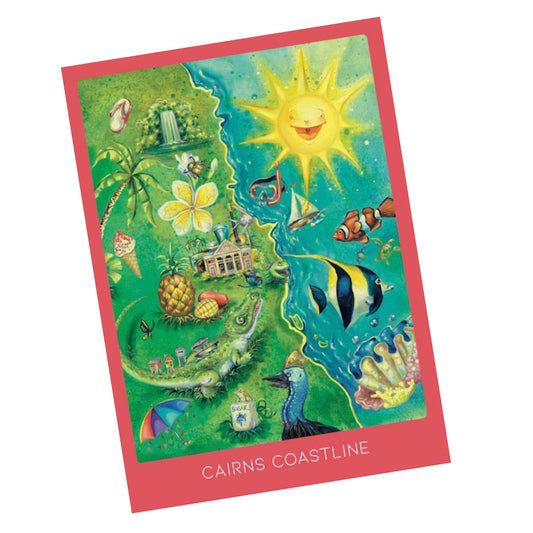 A colorful postcard featuring artwork by Hayley Gillespie, depicting a vibrant image of Cairns' coastline with various animals and plants.
