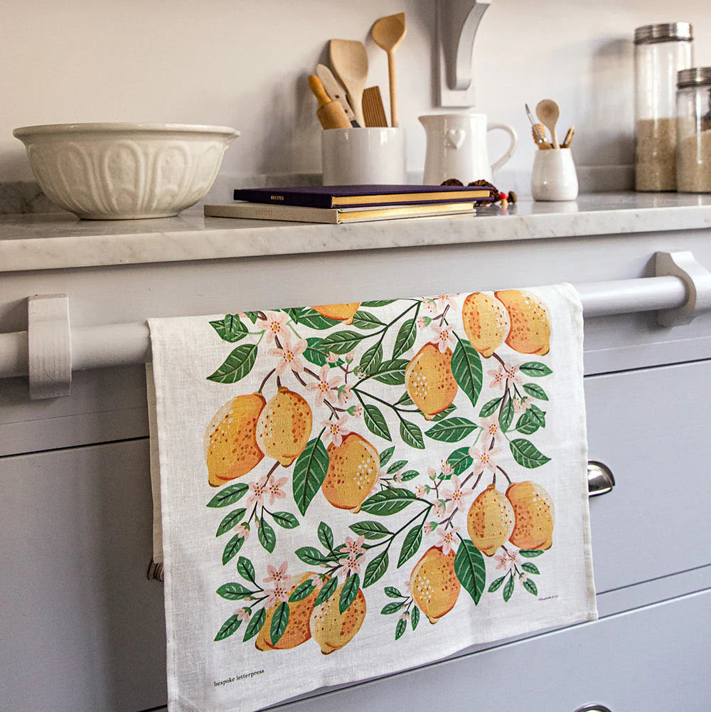 BESPOKE LETTERPRESS - "Lemons"- 100% Linen Tea Towel