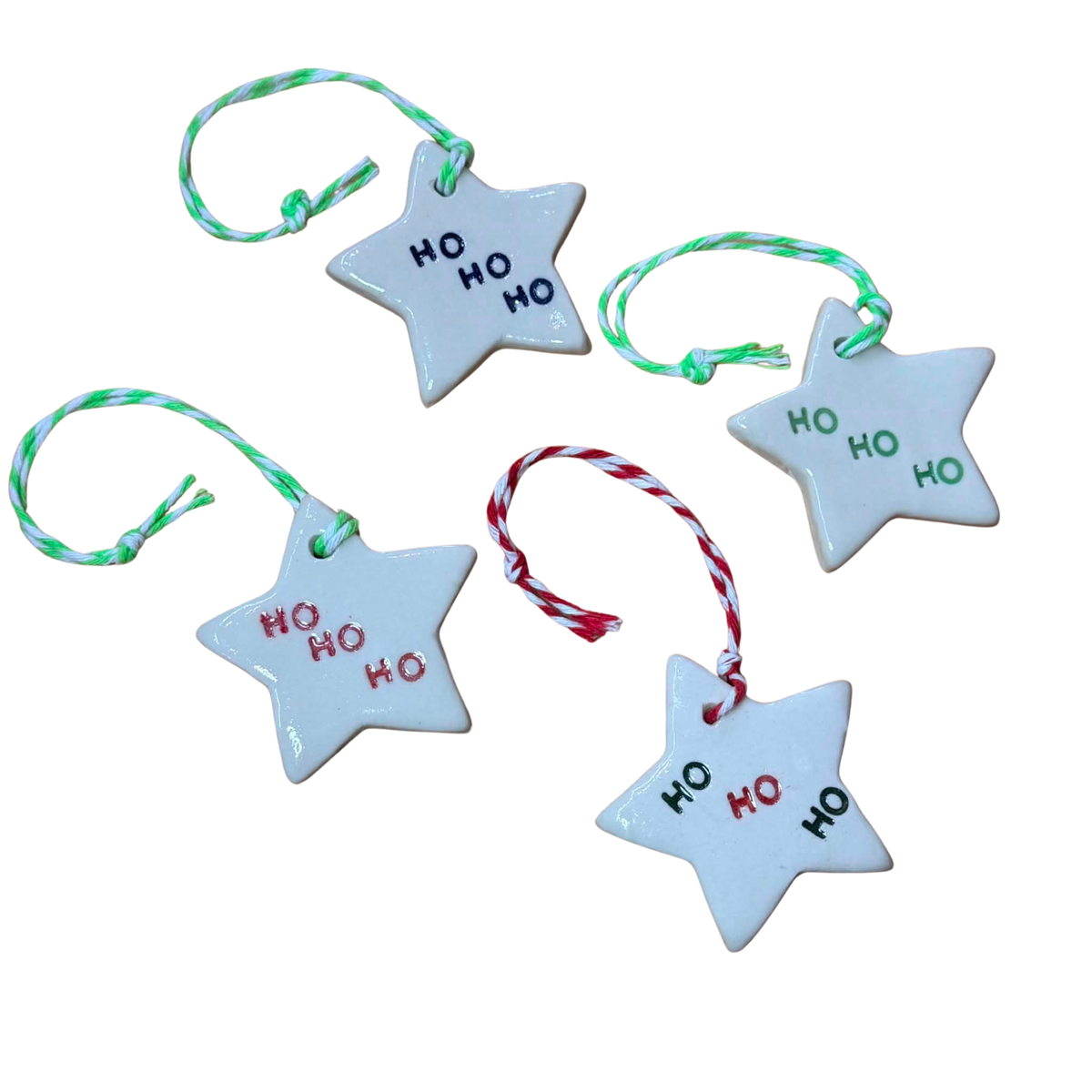 EARTH BY HAND- Clay Star Christmas Decorations- HO HO HO green writing