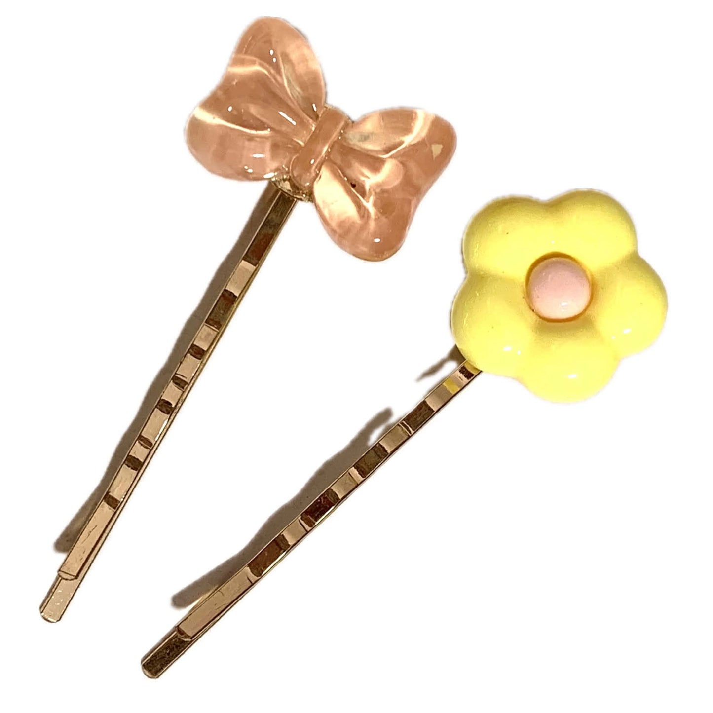 THIS BIRD HAS FLOWN - Mismatched Peach Bow Yellow Flower - Hair Pins
