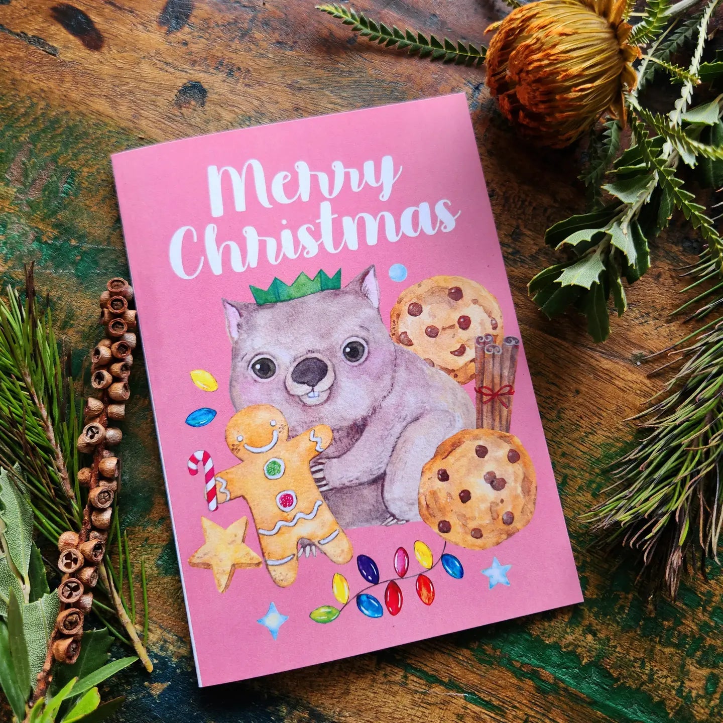 WATERCOLOURS BY CAT- "Wombat - Australian Animals and Food" Christmas Greeting Card