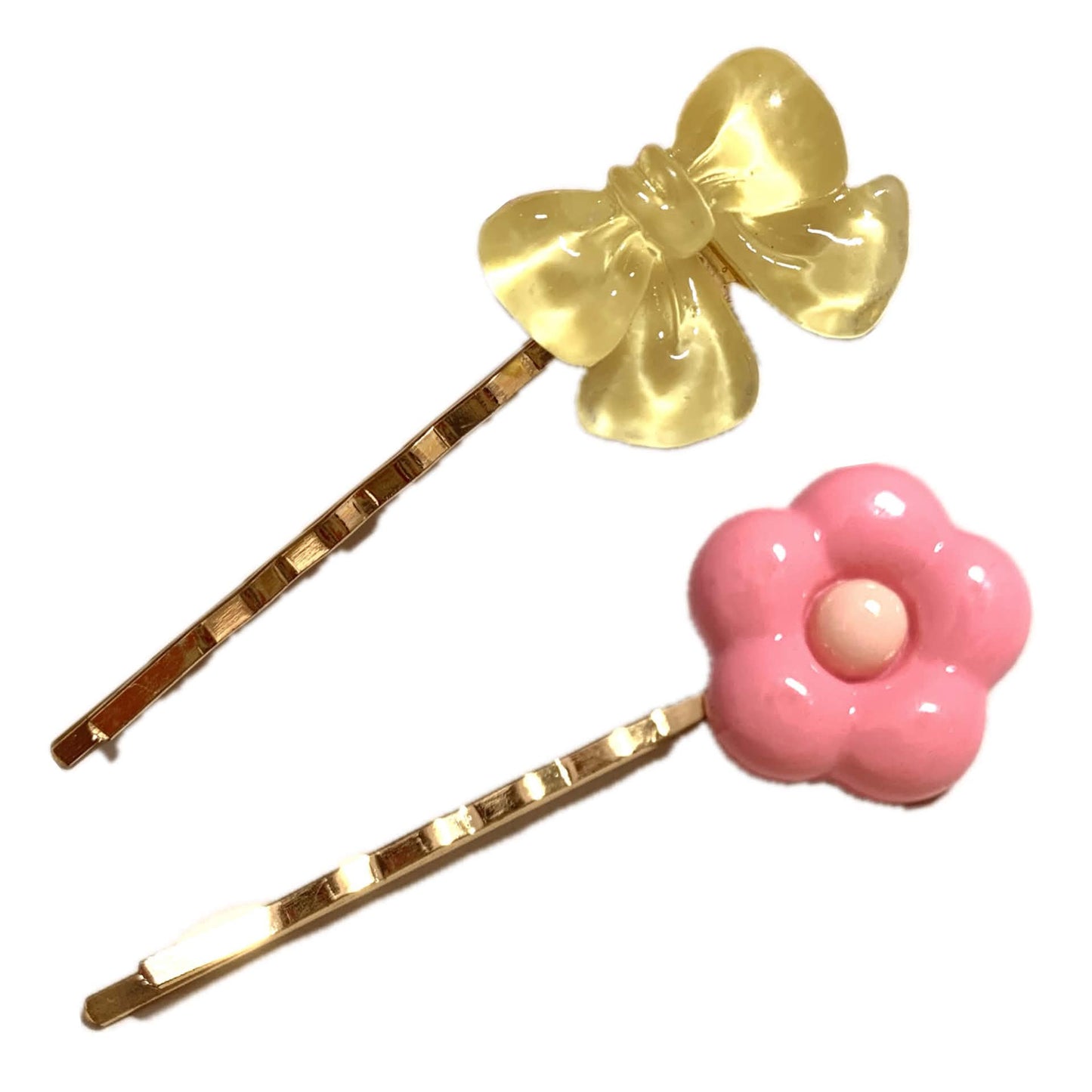 THIS BIRD HAS FLOWN - Mismatched Yellow Bow Pink Flower - Hair Pins