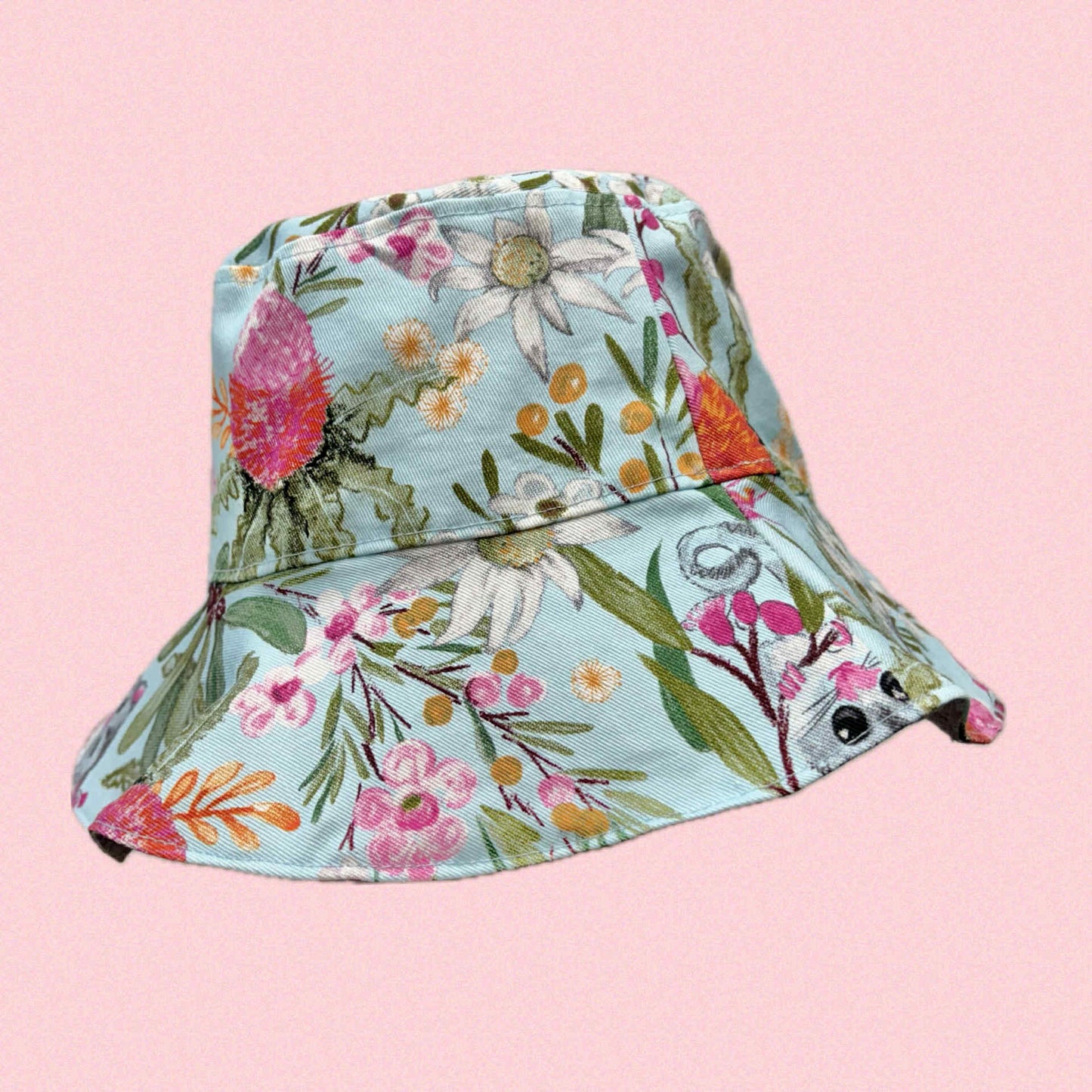 Teacups n Quilts- Blue Possum and Banksia Fabric Hat- Kids Size Large