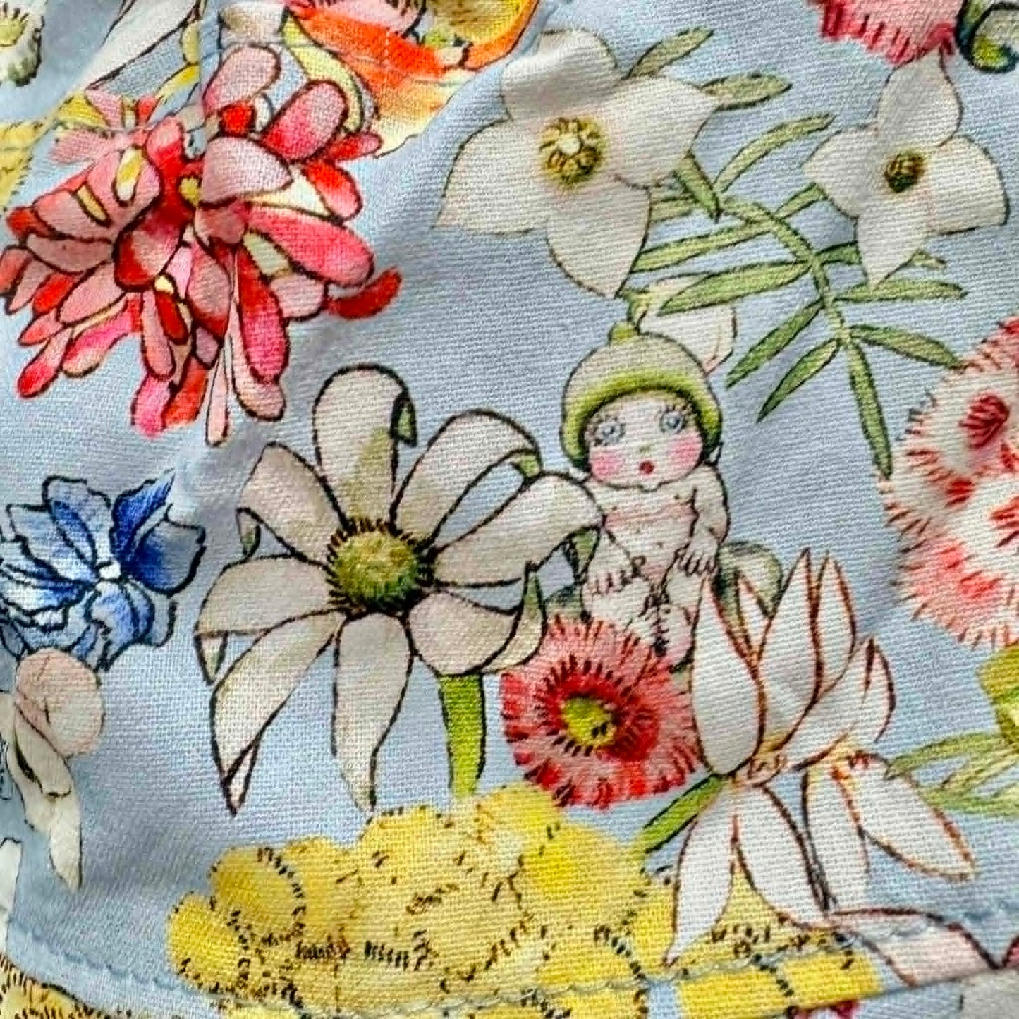 Teacups n Quilts - May Gibs Gumnut Babies on Blue Fabric Hat -Adult Size