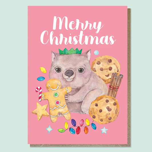 WATERCOLOURS BY CAT- "Wombat - Australian Animals and Food" Christmas Greeting Card