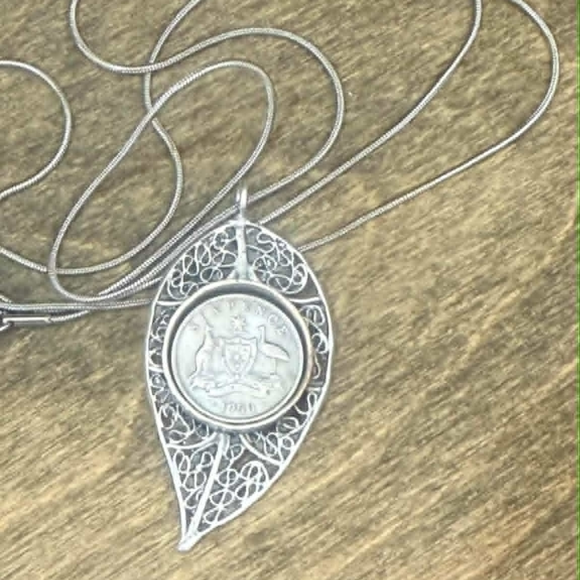 MOLLY MADE- 1950 Sixpence and Leaf Pendant Necklace