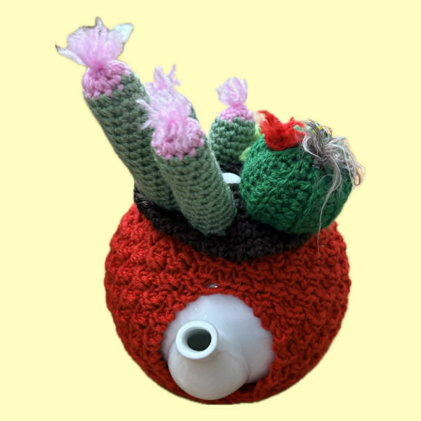 BEAKNITS- CROCHET TEA COSY - RED WITH CACTI, SUCCULENTS AND LADYBUGS