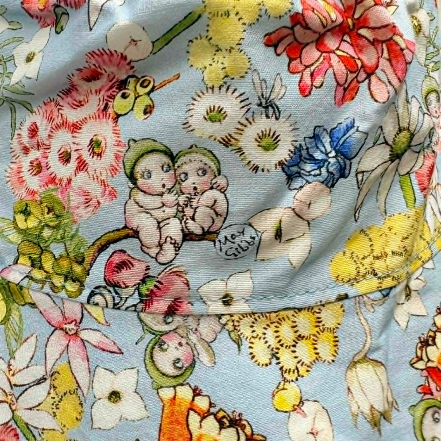 Teacups n Quilts - May Gibs Gumnut Babies on Blue Fabric Hat -Adult Size