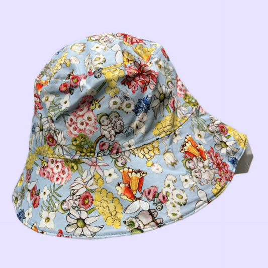Teacups n Quilts - May Gibs Gumnut Babies on Blue Fabric Hat -Adult Size