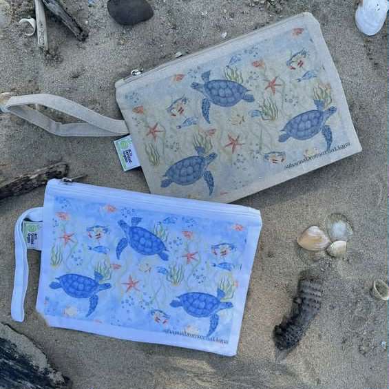 Shanna Trees Creations- "Turtles" Organic Cotton Zip Pouches- White
