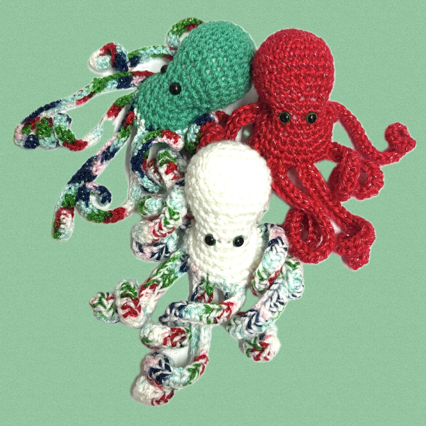 BEAKNITS- CHRISTMAS CROCHETED OCTOPUS - Glittery Red, White and Green White head