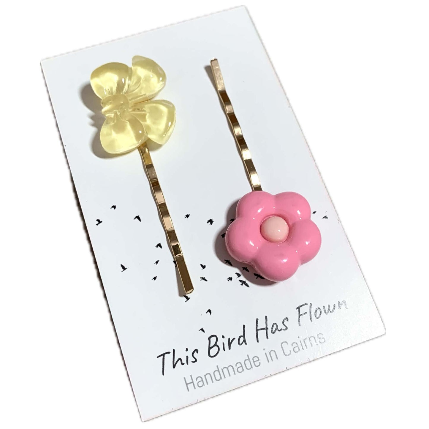 THIS BIRD HAS FLOWN - Mismatched Yellow Bow Pink Flower - Hair Pins