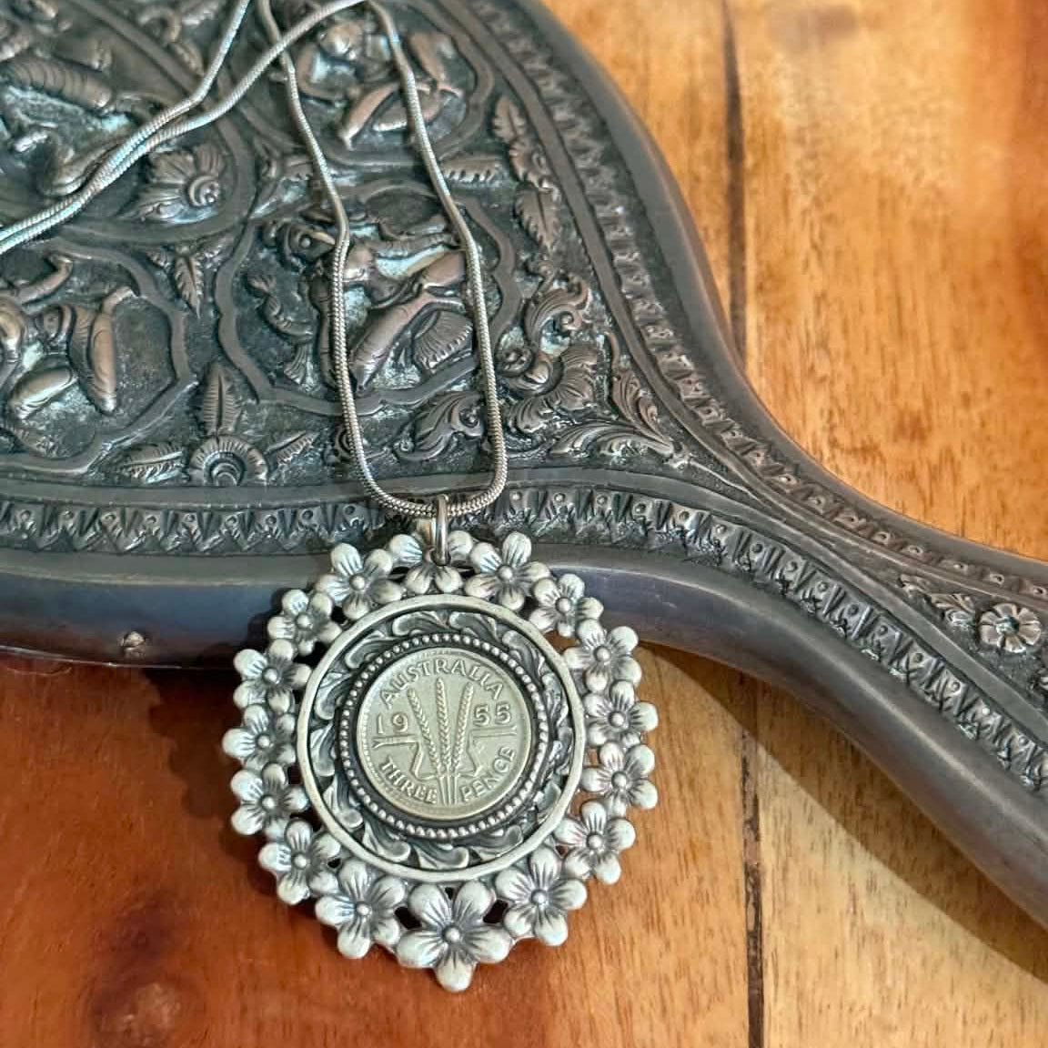 MOLLY MADE- Authentic 1955 Australian Threepence on Zamak Floral Pendant Necklace