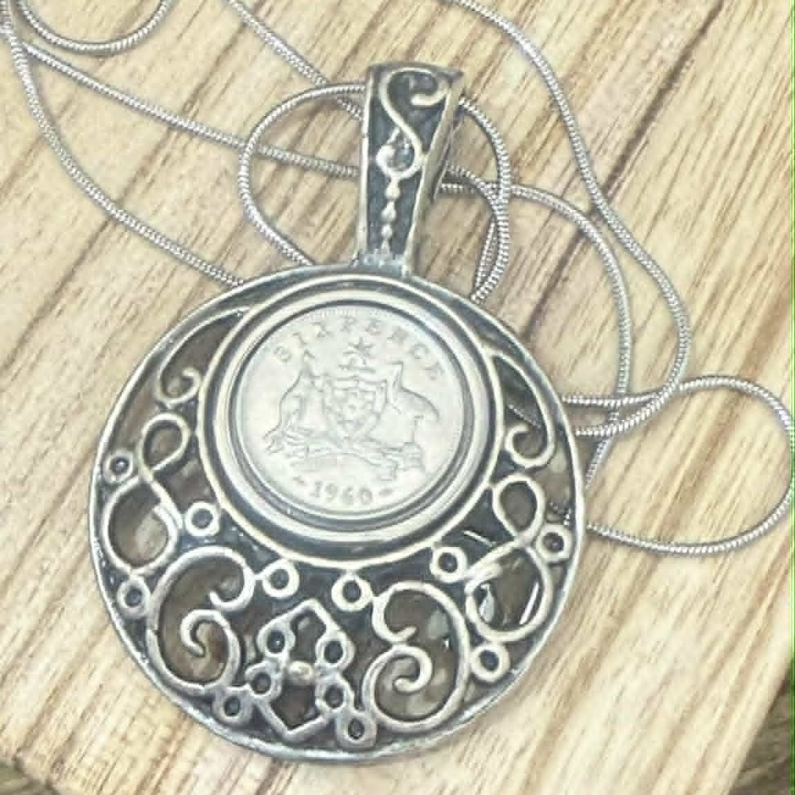 MOLLY MADE- 1960 Sixpence and Filigree Pendant Necklace