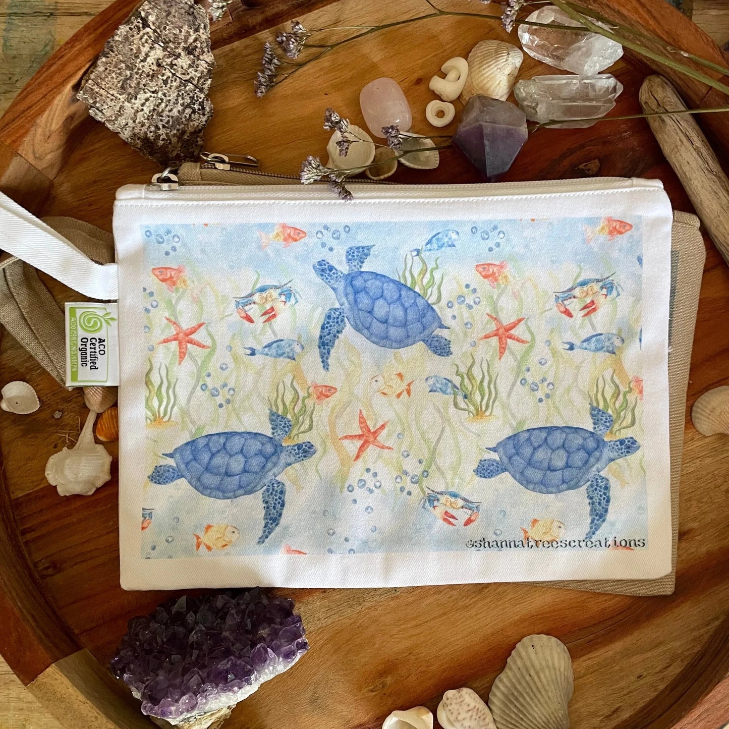 Shanna Trees Creations- "Turtles" Organic Cotton Zip Pouches- White