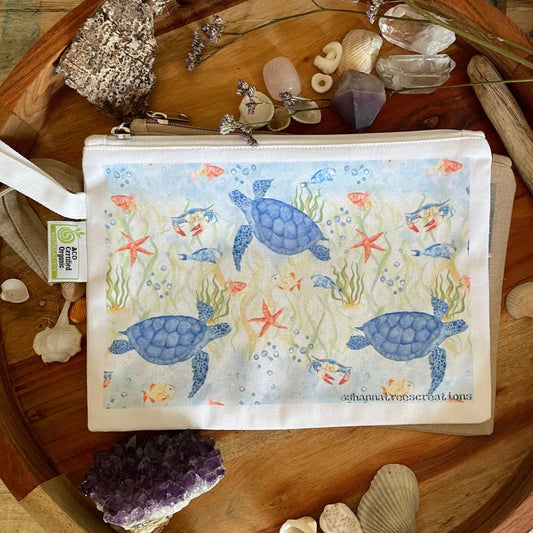 Shanna Trees Creations- "Turtles" Organic Cotton Zip Pouches- White